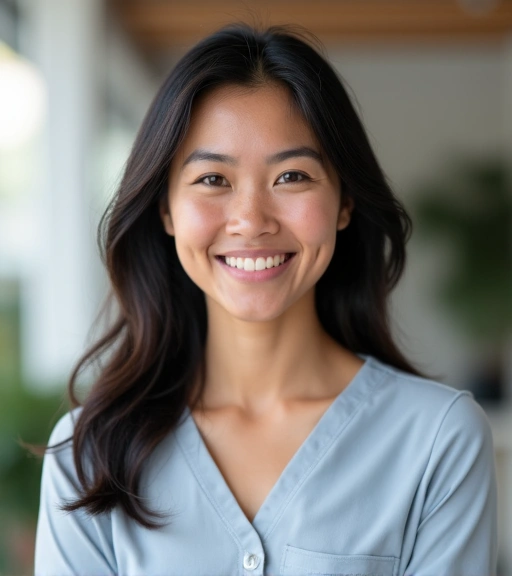 Professional portrait of Dr. Anya Wijaya, a friendly and approachable nutritionist.