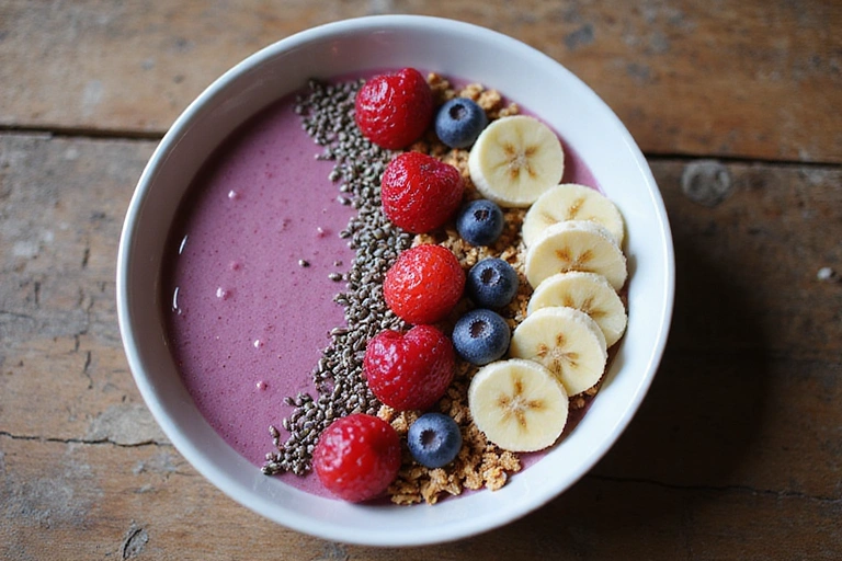 A vibrant smoothie bowl topped with fresh fruits, seeds, and granola, symbolizing healthy breakfast options.