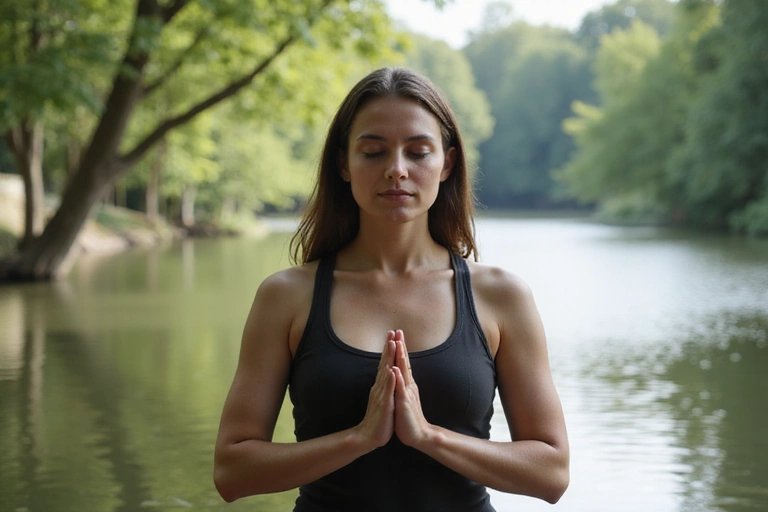 A person meditating peacefully in a serene outdoor setting, emphasizing mental well-being and stress reduction.
