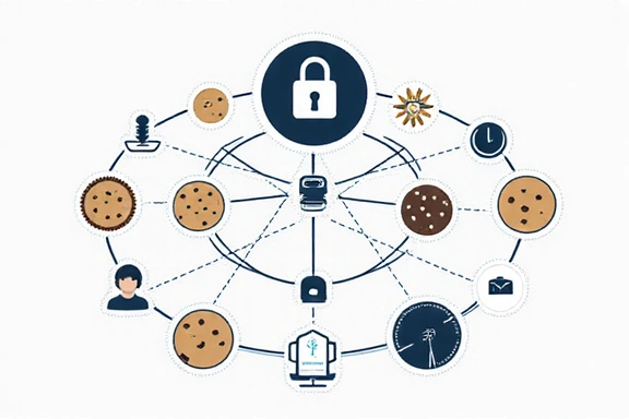 Illustration of various cookies and digital privacy icons